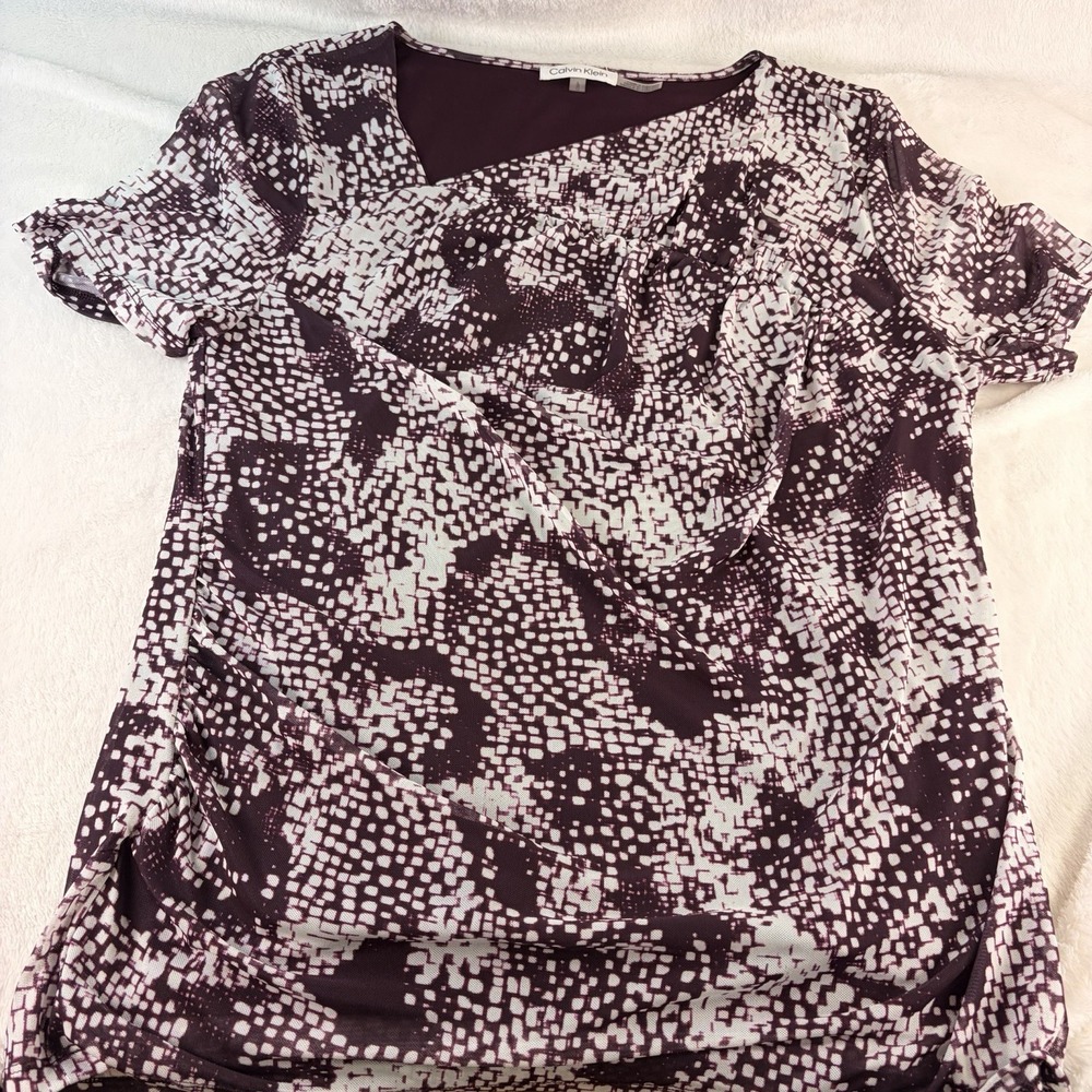 Calvin Klein Women's Large Aubergine Purple White Mosaic Grid Draped Blouse